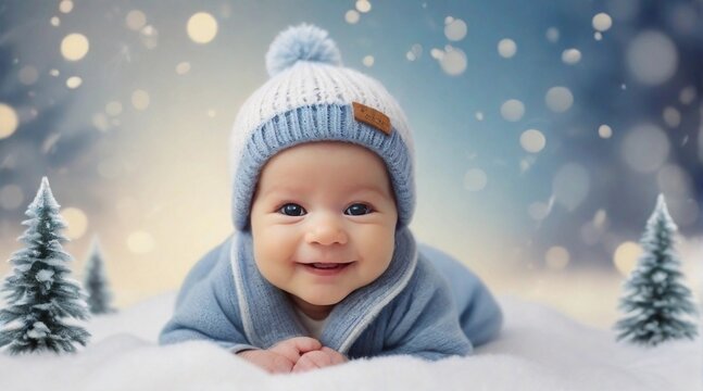 A Smiling newborn baby boy against winter ambience background with space for text, children background image, AI generated