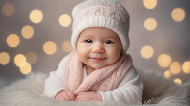 A Smiling newborn baby girl against winter ambience background with space for text, children background image, AI generated