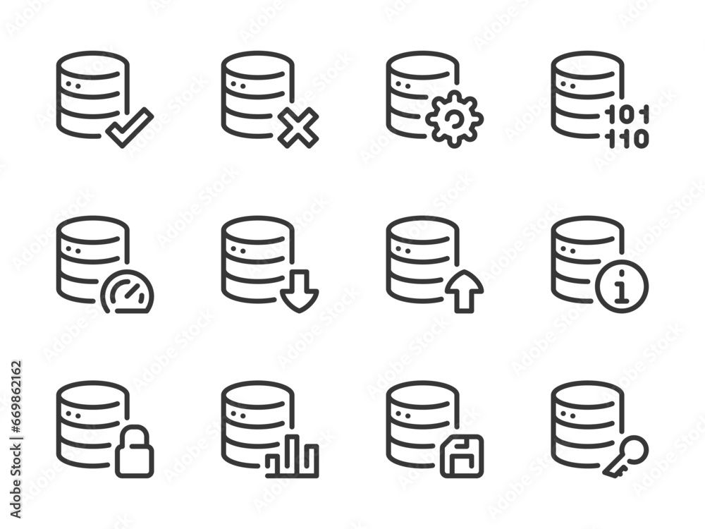 Poster database and server vector line icons. online storage and data center outline icon set. access, prog