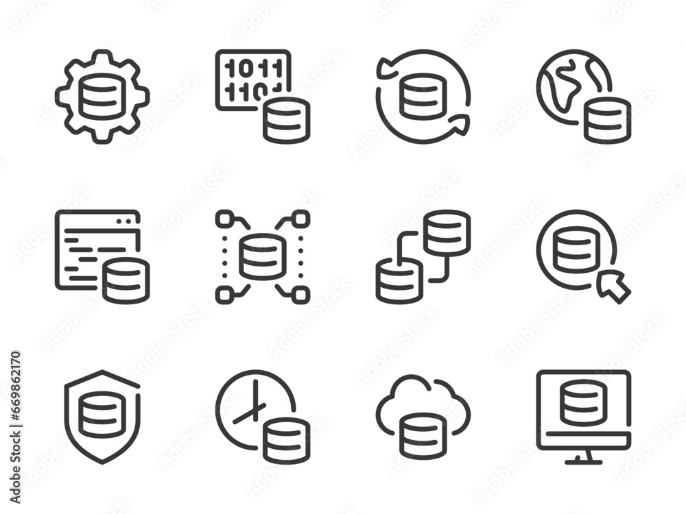 Poster database and server vector line icons. online storage and data center outline icon set. system confi