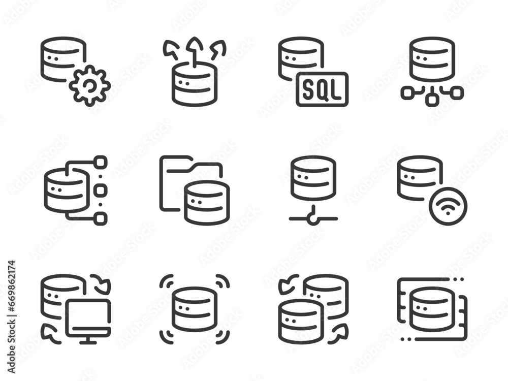 Poster database and server vector line icons. online storage and data center outline icon set. file managem