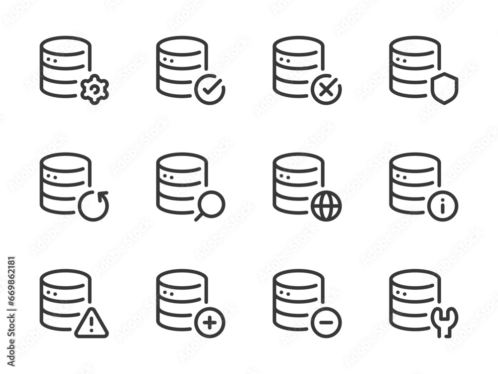 Poster database and server vector line icons. online storage and data center outline icon set. backup, main