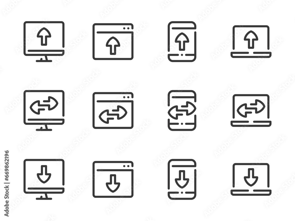 Poster synchronization and data exchange vector line icons. download and upload to devices outline icon set