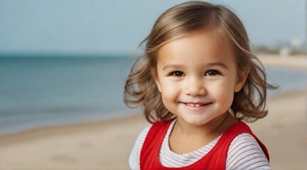 Smiling toddler girl wearing red shirt against beach ambience background with space for text, children background image, AI generated