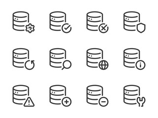 Database and Server vector line icons. Online Storage and Data Center outline icon set. Backup, Maintenance, Warning, Protection, Hosting, Computing, Infrastructure and more.