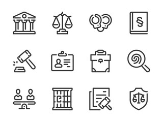 Law and Justice vector line icons. Judgment and Legislation outline icon set. Scales of Justice, Handcuffs, Courthouse, Evidence, Verdict, Prison Cell, Punishment, Authority, Jail and more.