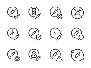 Vaccine and Injection vector line icons. Vaccination and Medicine outline icon set. Disease Protection, Medicine Time, Patient Card, Syringe, Revaccination, Medicine Dosage and more.