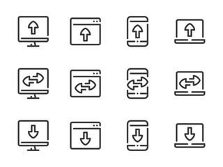 Synchronization and Data Exchange vector line icons. Download and Upload to Devices outline icon set. Send File from Computer, Receive Information to Mobile Phone, Sync, Web Data Transfer and more.