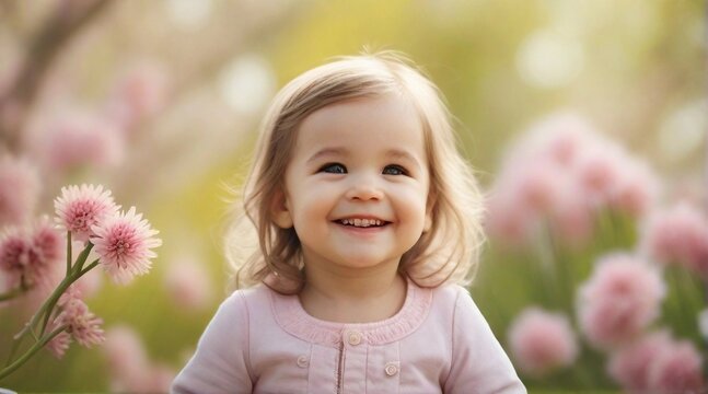 Smiling toddler girl against spring ambience background with space for text, children background image, AI generated