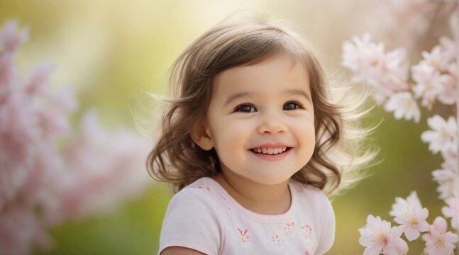 Smiling toddler girl against spring ambience background with space for text, children background image, AI generated