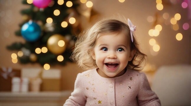 An excited toddler girl against new year's party ambience background with space for text, children background image, AI generated