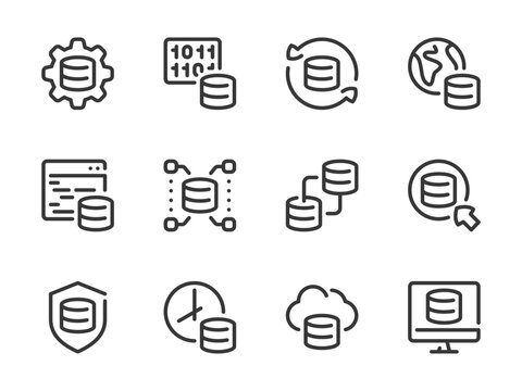 Database And Server Vector Line Icons. Online Storage And Data Center Outline Icon Set. System Configuration, Coding, Network, Protection, Backup, Programming And More.