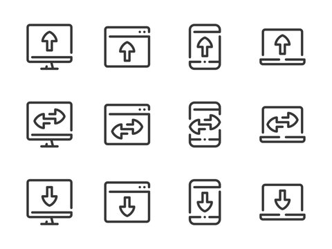 Synchronization and Data Exchange vector line icons. Download and Upload to Devices outline icon set. Send File from Computer, Receive Information to Mobile Phone, Sync, Web Data Transfer and more.