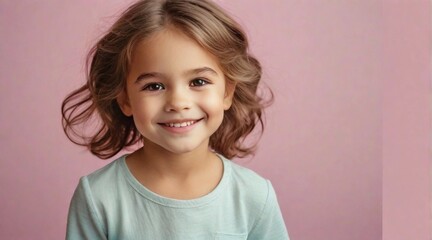 Smiling cute little girl against colorful pastel background with space for text, children background image, AI generated
