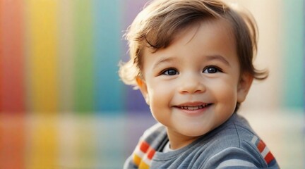 Smiling cute little toddler boy against colorful background with space for text, children background image, AI generated