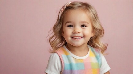 Fototapeta premium Smiling cute little toddler girl against colorful pastel background with space for text, children background image, AI generated
