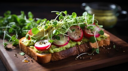 A brunch favorite with avocado toast topped with sliced radishes, cherry tomatoes. AI Generative