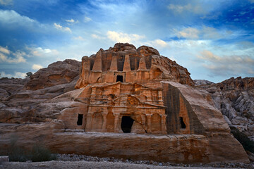 Obelisk Tomb and Bab as-Siq Triclinium , stone rock historic sight in Petra. Travel Jordan, Arabia...