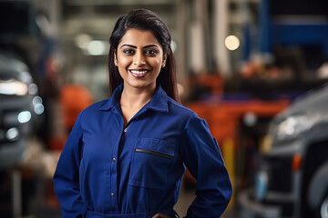 confident female car mechanic standing at garage
