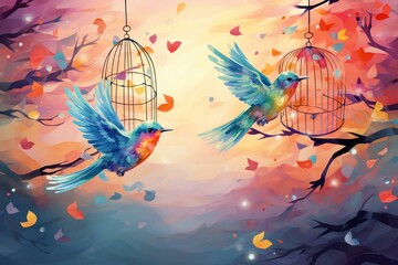 Illustration depicting freedom through colorful birds. Generative AI