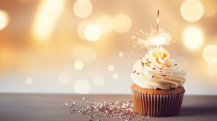 Delicious cupcake with sparkler on festive table with blurred lights background with copy space for text