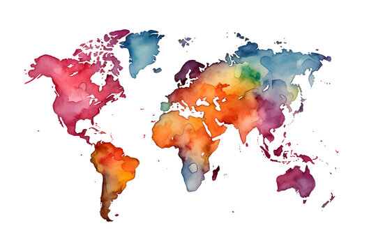 Multicolor grunge watercolor world map isolated png