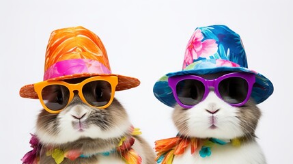 Cute and festive bunnies in hats and sunglasses celebrating summer on white background