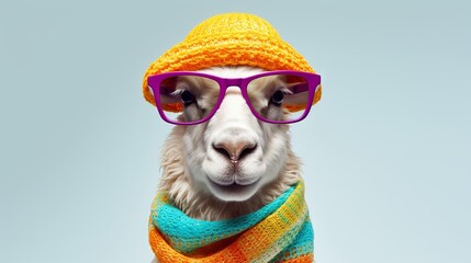 Sheep in summer party mood: funny portrait of a woolly animal with colorful hat and sunglasses on white background