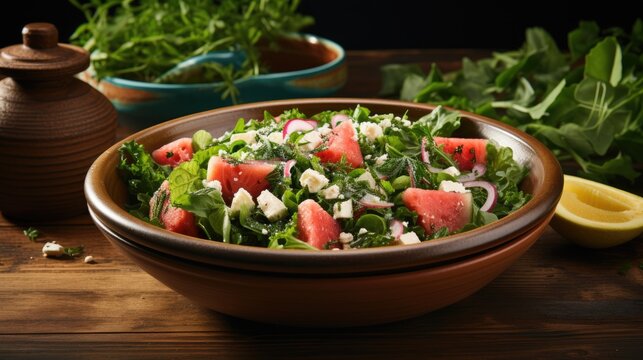A summer salad with featuring mixed greens. AI Generative