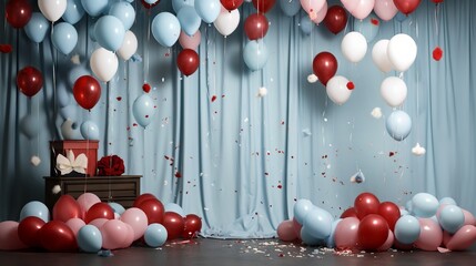 Pastel blue and red smoke clouds for gender reveal party with balloons and confetti - obrazy, fototapety, plakaty