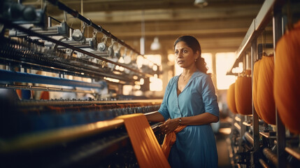 Fototapeta premium Indian woman working at weaving factory.