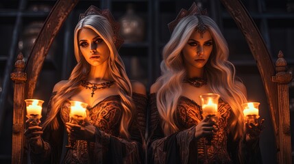 Fototapeta premium Step into a dark fantasy realm as two Halloween girls don mesmerizing fancy dress costumes. They embody haunting figuratism in the style of devilcore, set against a striking light brown.