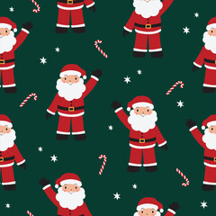 Seamless Repeat Modern Vector Santa Claus Candy Cane Green Red Christmas Pattern Happy Cute