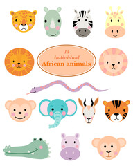 Set of children's cute African animals lion, tiger, zebra,  giraffe, elephant, antelope, crocodile, hippopotamus, rhinoceros, monkey, snake, leopard, vector illustration, handwritten.