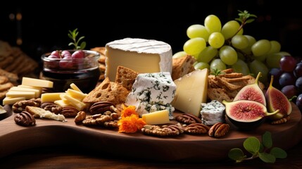 Obraz na płótnie Canvas A gourmet cheese platter featuring a selection of cheeses, grapes, figs, and crackers. AI Generative