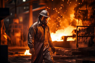 Obraz premium Young worker in protective clothing at work at the blast furnace in an iron foundry