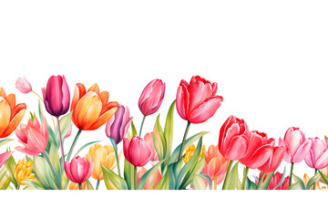 Watercolor Illustration of Colorful Tulip Border Isolated PNG