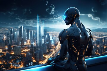 Cyborg looking over the city. futuristic city. artificial intelligence concept - obrazy, fototapety, plakaty