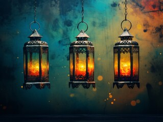 Arabic lanterns in grunge style on a colorful background.