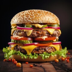 Big tasty cheeseburger on wooden table, black background, closeup