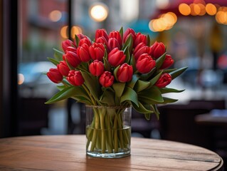 Bouquet of red tulips in vase on table in cafe