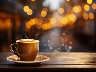 Fototapeta premium Coffee cup on the table in coffee shop with bokeh background