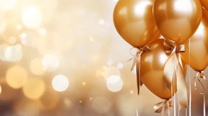 Deurstickers Gold balloons with ribbons on bokeh background, copy space for festive celebration or party invitation © Ameer