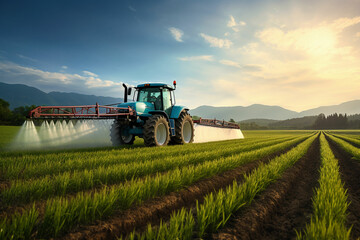 Obraz premium Tractor spraying pesticides fertilizer on crops farm field