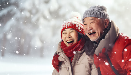 Fototapeta na wymiar Chinese couple hugging in winter, New Year's concept