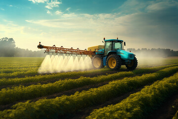 Tractor spraying pesticides fertilizer on crops farm field - obrazy, fototapety, plakaty
