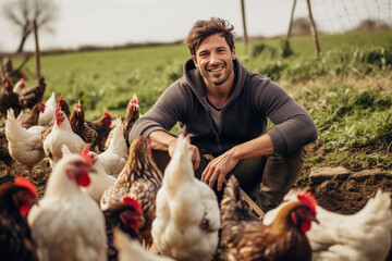 young man sitting his poultry farm - obrazy, fototapety, plakaty