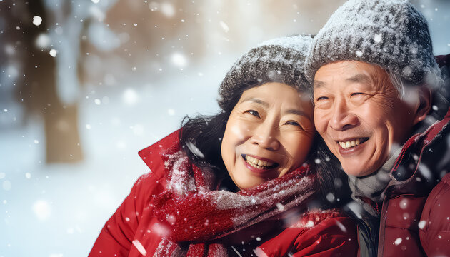 Chinese Couple Hugging In Winter, New Year's Concept