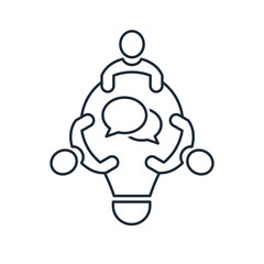 Meeting and brainstorming ideas and business concepts for team creative work. Vector linear icon isolated on white background.