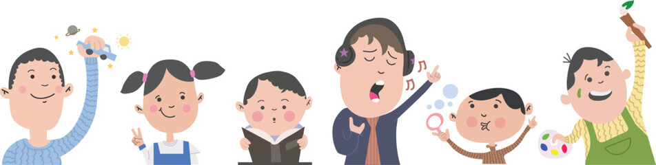 group of cute kids with their hobbies of their interest cartoon vector isolated design 